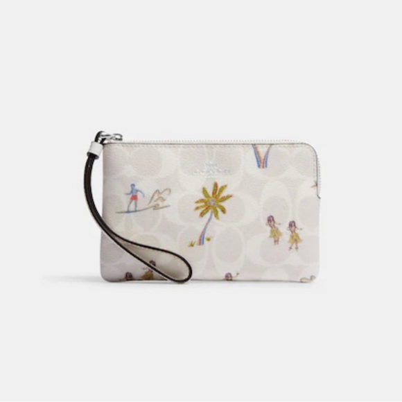 Coach Corner Zip Wristlet In Signature Canvas With Hula Print - Colour: White - Picture 1 of 3